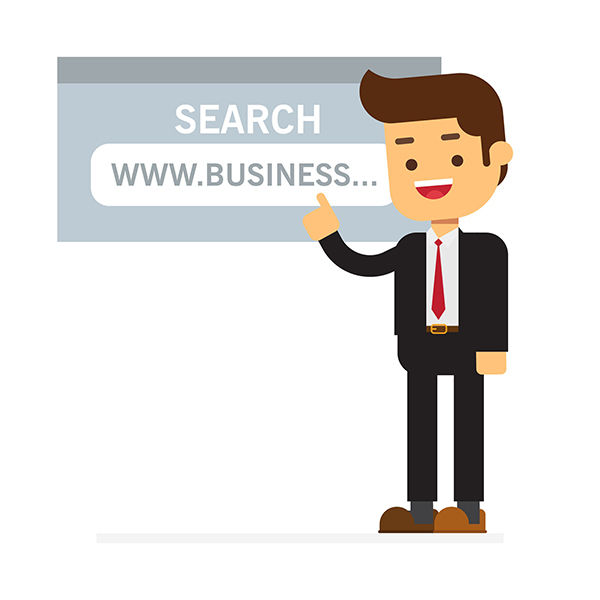 animacija poslovnog čoveka u odelu ispred ekrana koji označava biznis pretragu