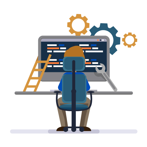 ilustrovani prikaz programera za kompjuterom sa zupčanim mehanizmom u pozadini